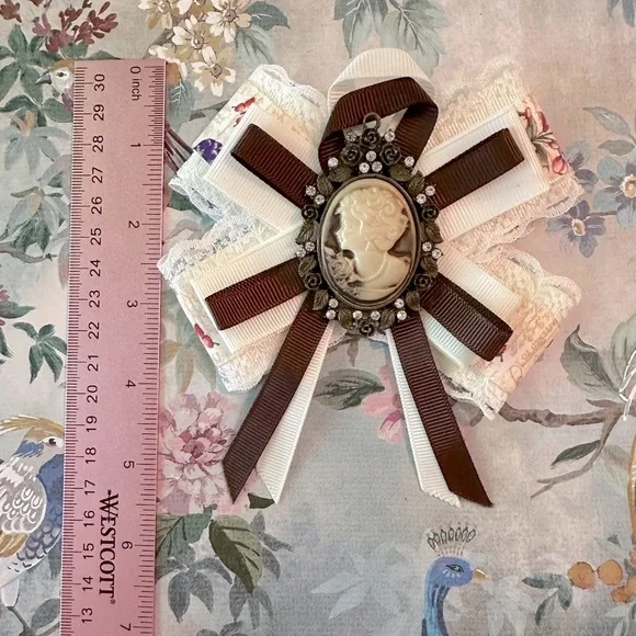 Handmade Cameo Bow Pin/Brooch For Tote Bags, Purse, Sweater Cottagecore Upcycled - Picture 11 of 11